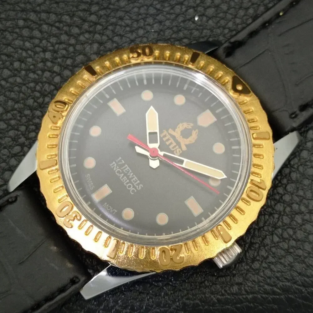 Vintage 1974 Titus Manual Mens Silver Watch W/Leather Strap & Gold accents